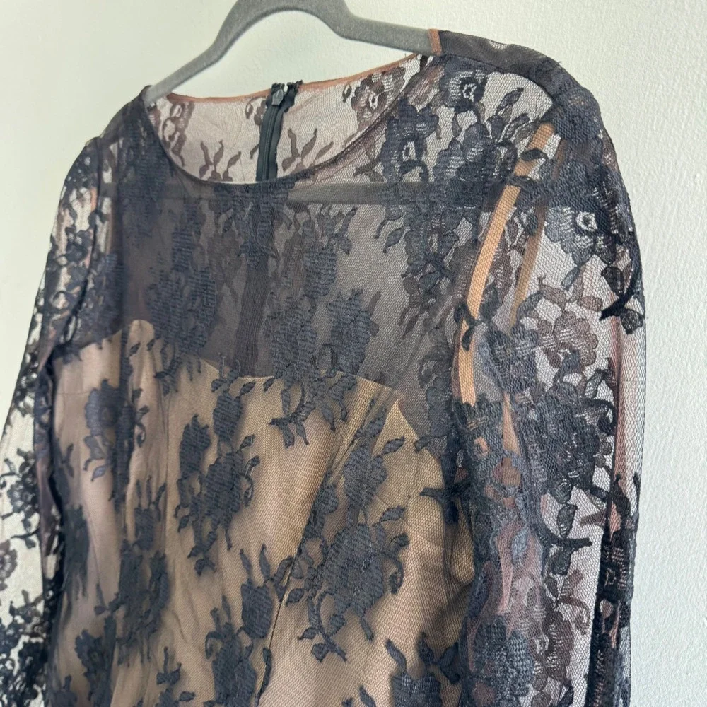 Victor Costa Black Lace Long Sleeve Tiered Mini Dress over Nude Slip - Picture 9 of 14